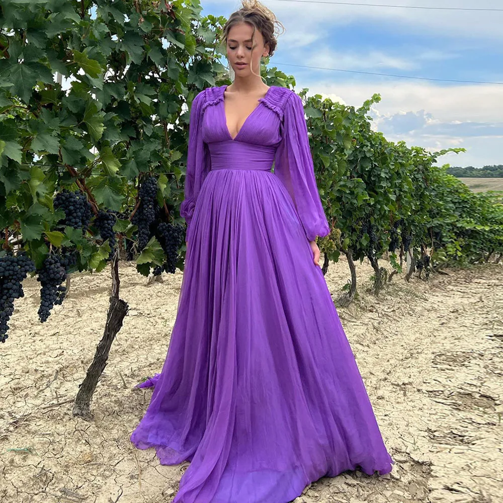 

Purple Chiffon Party Dresses 2023 Deep V Neck Puffy Full Sleeve Elegant Wedding Guest Gowns A-Line Floor Length Zipper Back