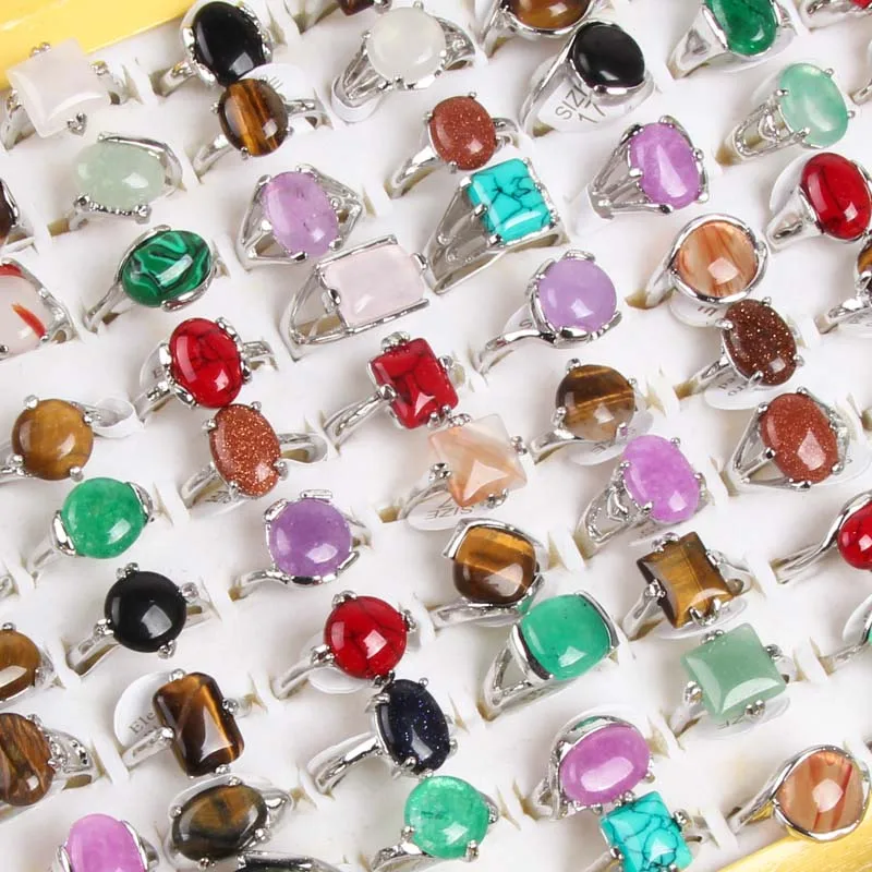 

Wholesale 100 Pcs/lot Mix Random Color Style Nature Stone Alloy Rings Fashion Jewelry Women Party Wedding Ring In Display Box