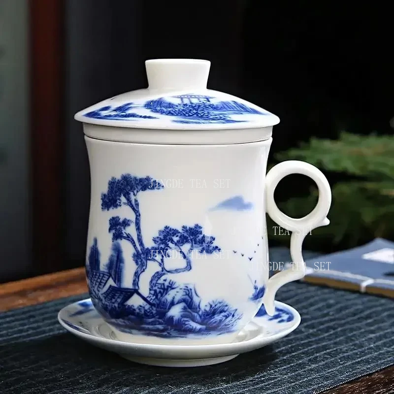 4-piece Tea Cup Set Personal Tea Cup Ceramic Inner Filter with Lid Water Cup Blue and White Porcelain Office Conference Cups
