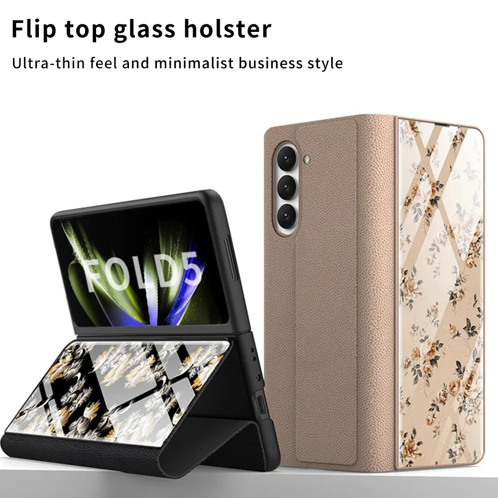 For Samsung Galaxy Z Fold 5 Case Leather & Floral pattern Glass Hard Back Flip Cover for Galaxy Z Fold5 5G Funda