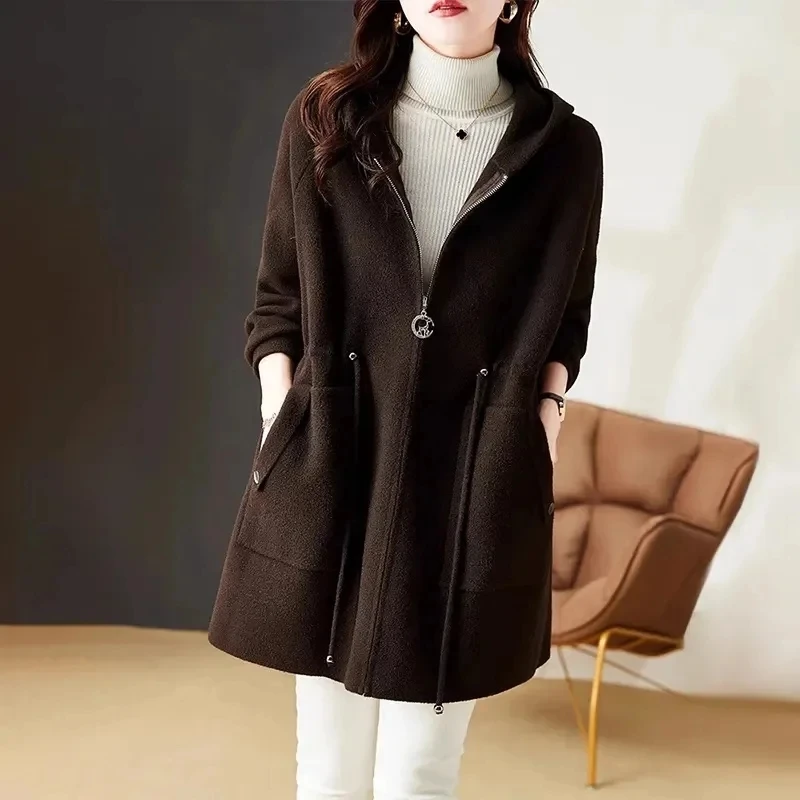 

2024New Korean Fashion Long Sleeve Woolen Coat Women Autumn Winter Loos Hooded Wool Outerwear Female top-grade Overcoat Tops 4XL