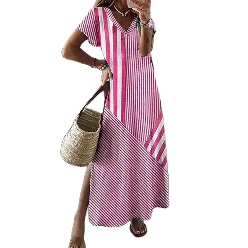 

Elegant Striped Print Dresses Women Summer V Neck Pullover Short Sleeve Dress Female Office Commuter Casual Split Hem Long Gown