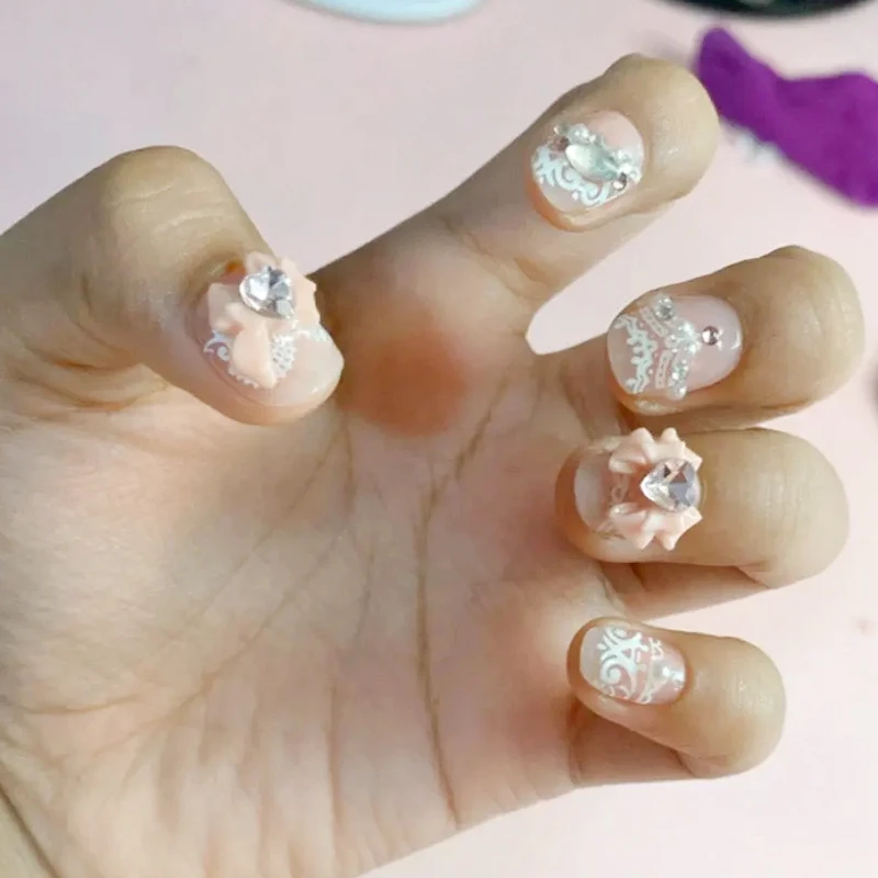 10Pcs Pinky Purple Crystal Sugar Pastel Short Press On Nail Fake Nail Glue On Nail Short Nail Acrylic Nail DIY Manicure Dropship