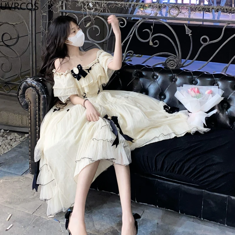 Vintage elegant Lolita dress women sweet bow high waist fairy party summer cosplay costumes French princess dress