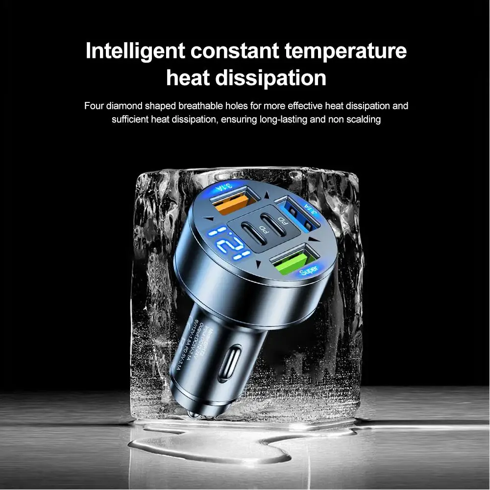 Adattatore per caricabatterie da auto QC3.0 5 in 1 con doppia porta PD e ricarica rapida USB con display di tensione per iPhone, Samsung, Huawei_voghion.com