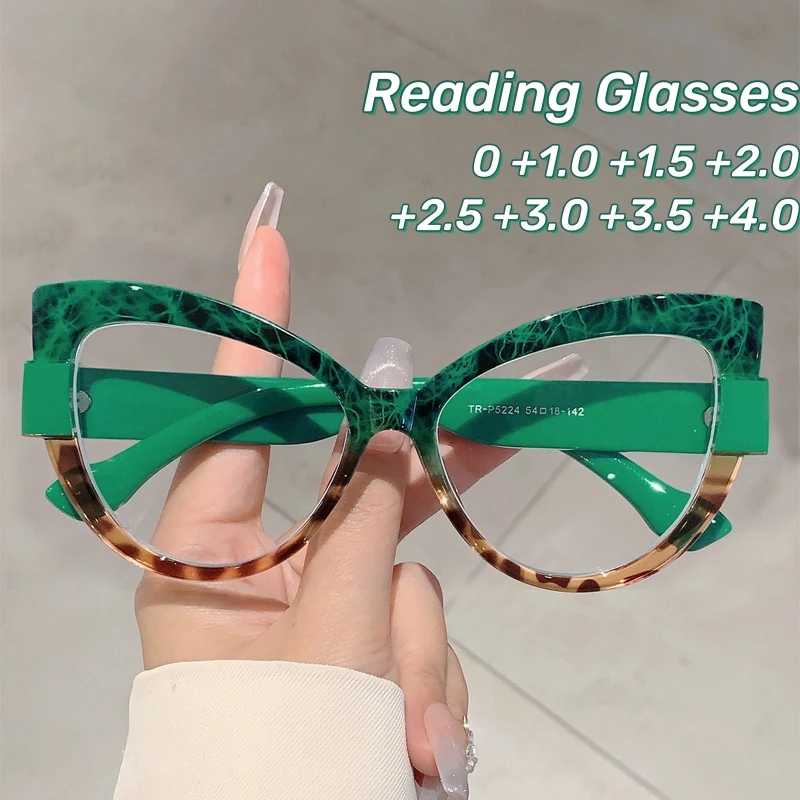 Übergroße Cat-Eye-Lesebrille, farbblockierendes Design, grüne Glasse, Leopardenmuster, Presbyopie-Brille, Linie schmücken den Farbverlauf