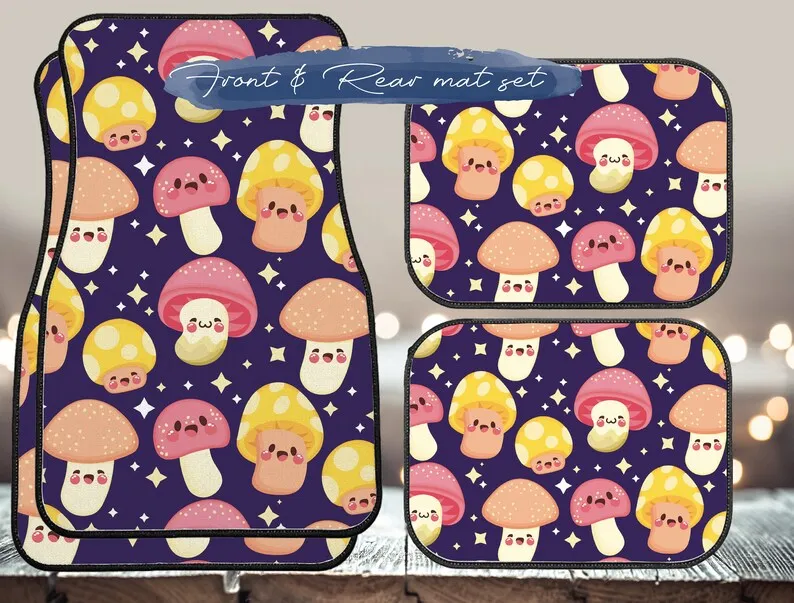 

kawaii happy mushroom car floor mats, cute aesthetic car interior decor, purple car accessories, cute car coaster key chain car