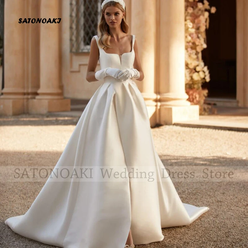 

Женское атласное свадебное платье It's yiiya, белое элегантное платье-трапеция с квадратным вырезом, открытой спиной и шлейфом на лето 2019