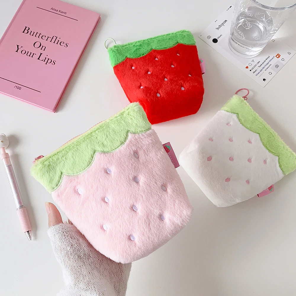 Sweet Cute Strawberry Zipper Plush Makeup Fashion Girl Portable Large Capacity Travel Storage Lipstick Student Pen Bag_voghion.com