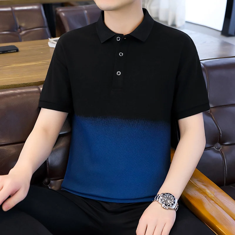 

Korean Gradient Contrasting Colors Polo Shirts Summer Casual Short Sleeve Men's Clothing Basic Turn-down Collar Button T-shirts