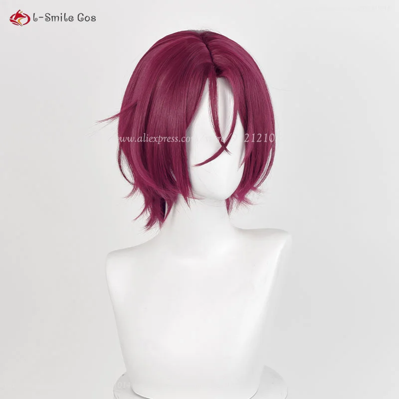 애니메이션 린 마츠오카 코스프레 두피 가발, 다크 로즈 레드, 33cm 짧은 가발, 내열성 합성 머리, 할로윈 유니섹스 가발, 가발 모자