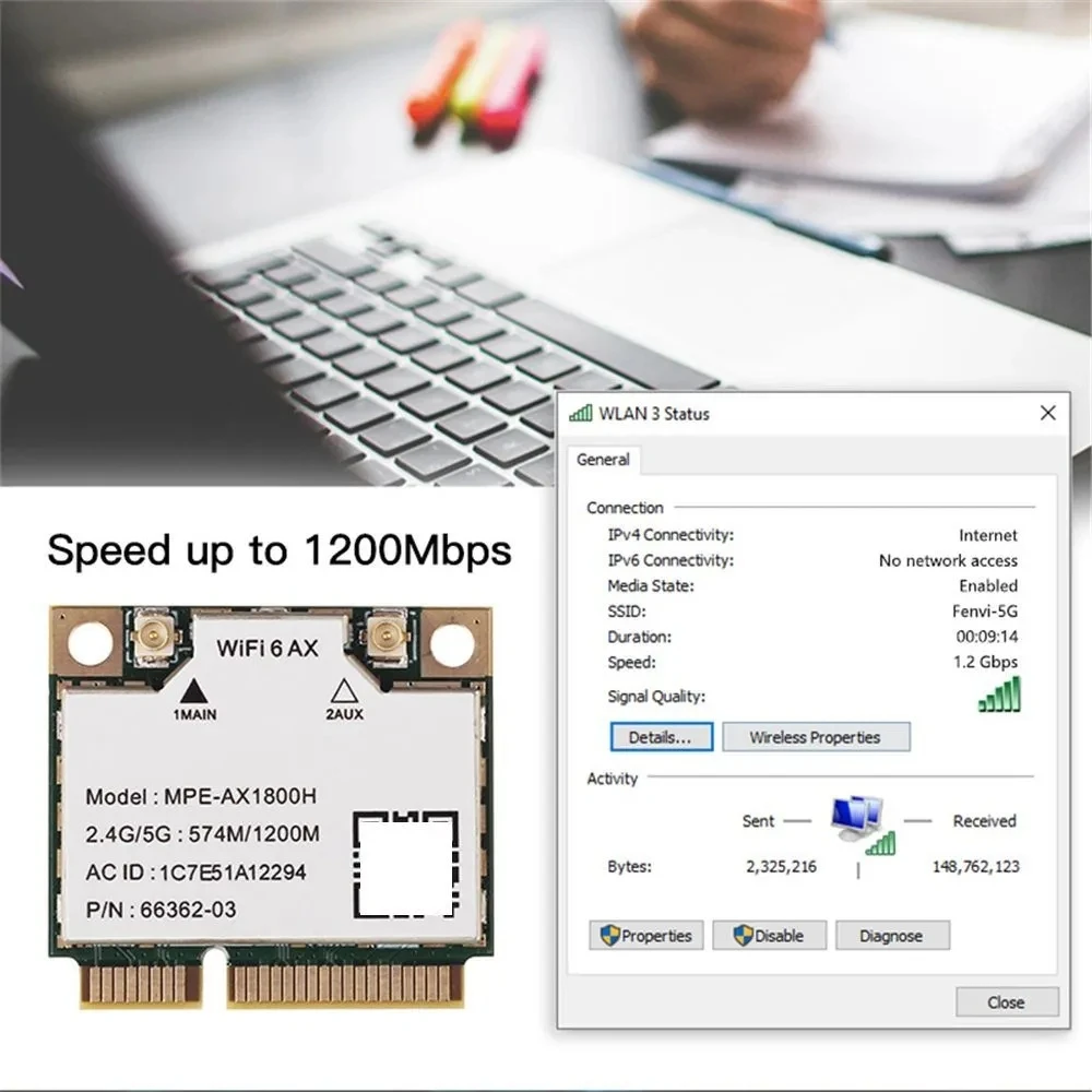 WiFi 6 1800Mbps 어댑터 MPE-AX1800H 미니 PCI-E 2.4GHz / 5GHz Bluetooth 5.2 내장 안테나 포함 노트북용 고속