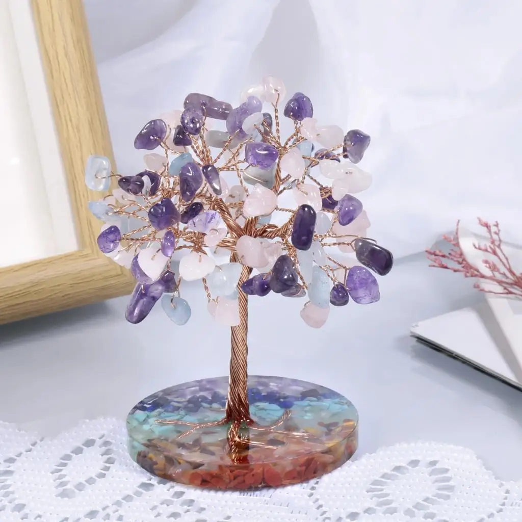 Natural Crystal Tree With 7 Chakra Stones Resin Base Lucky Money Trees Feng Shui Sculpture Home Office Decoration