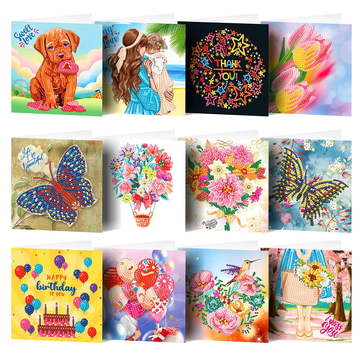 

12PCS Diamond Painting Cards Happy Birthday Cards 5D DIY Special Shape Diamond Painting Card Postcards Birthday Xmas Gift