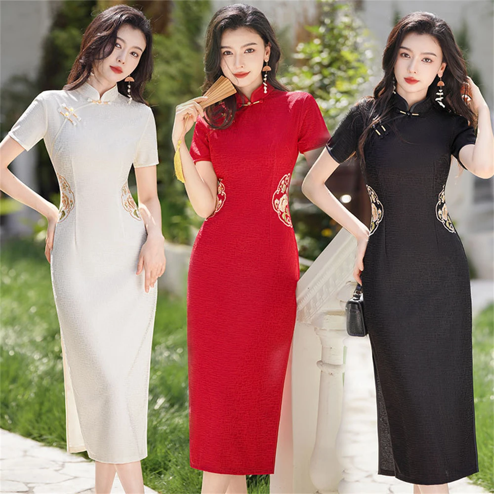 

New Spring Summer Chinoise Slim-fit Temperament Cheongsam Bridal Wedding Party Jacquard Qipao Chinese Female Traditional Dress