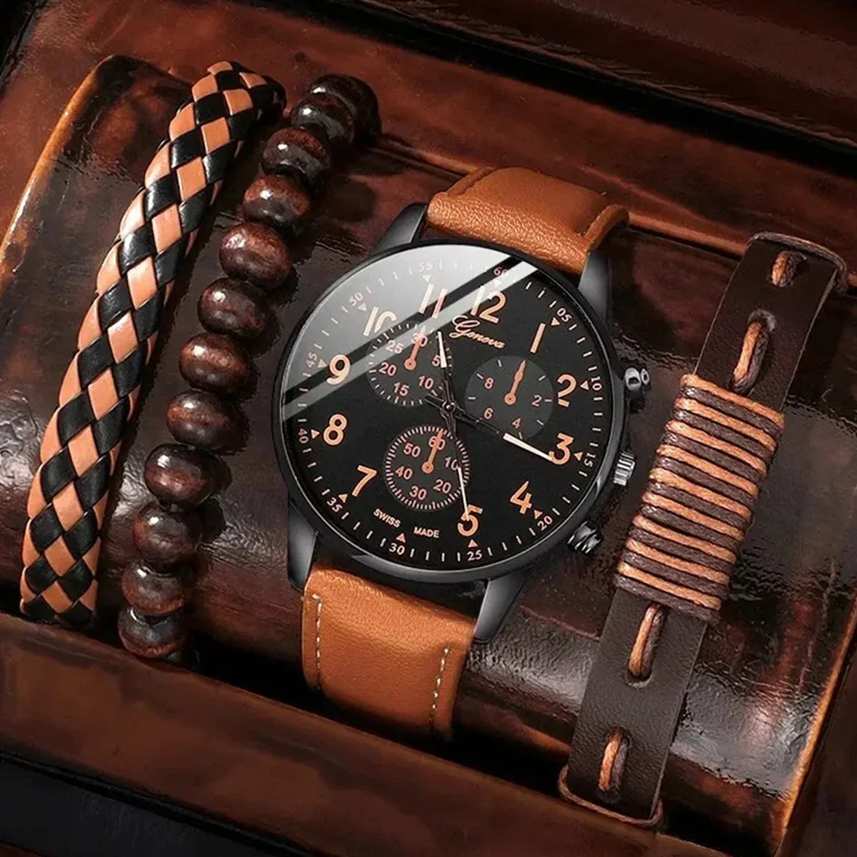 4Pcs/set Men's fashion Trend Brown PU leather quartz watch and bracelet set