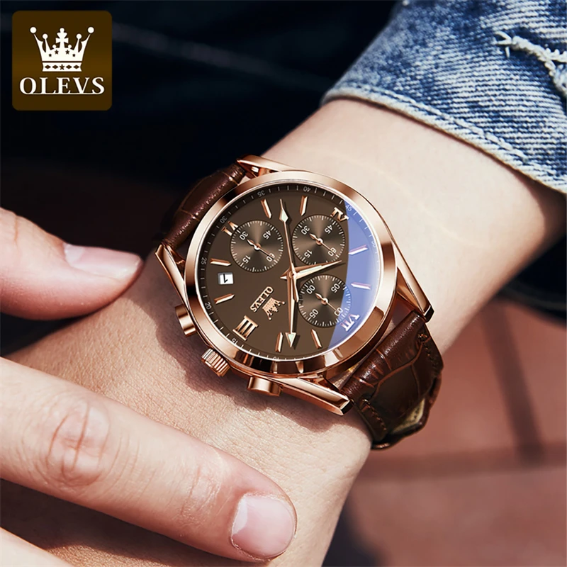 OLEVS Mens Watches Top Brand Luxury Chronograph Quartz Watch Men Sport Leather Waterproof Luminous Date Business Wristwatch Male