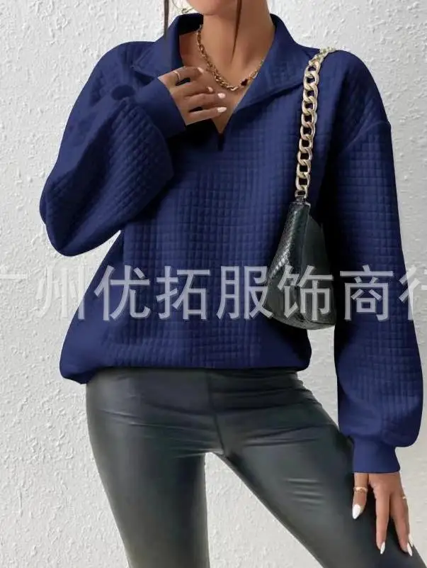 

Women's Knit Sweatshirt Hooded Pullover 2023 Autumn New Turn-Down Collar Zipper Design Waffle Daily Casual Solid Color Top