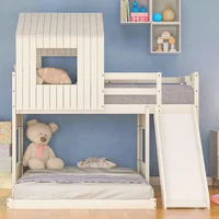 Floor Bunk Beds with Slide, Wooden Twin Over Full Bunk Beds with Slide, Roof and Guard Rail for Kids, Teens, No Box Spring Neede 1