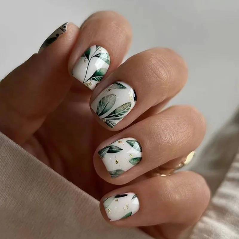 

24Pcs/Set False Nail Vintage green leaves Fake Nail Tips Full Cover Acrylic False Nails Decoration For Nail Tip Beauty