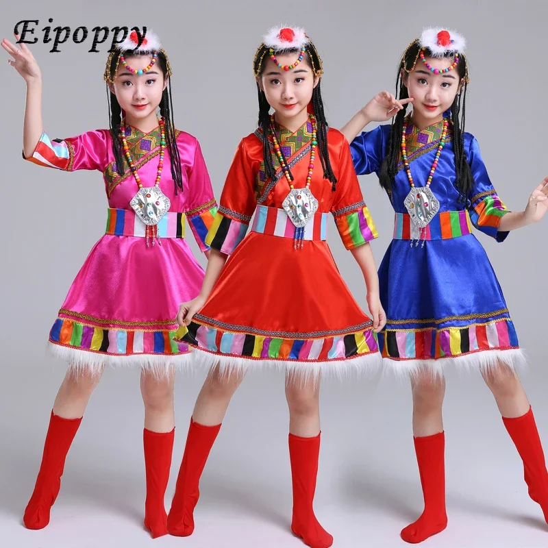 

New Ethnic Children Tibetan Performance Costume Girls Mongolian Dance Performances Tibetan Costumes