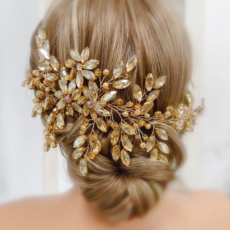 Hair Accessories Bridal Hair Accessories Bride Women Large Crystal Wedding Hair Comb Champagne Bridal Side Comb Full Rhinestone Hair Accessorie for Women and Girls