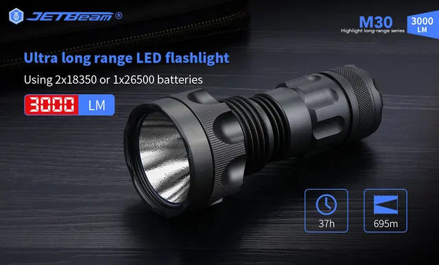 Jetbeam-超長LED懐中電灯m30,トーチ,3000ルーメン,ランプ - AliExpress