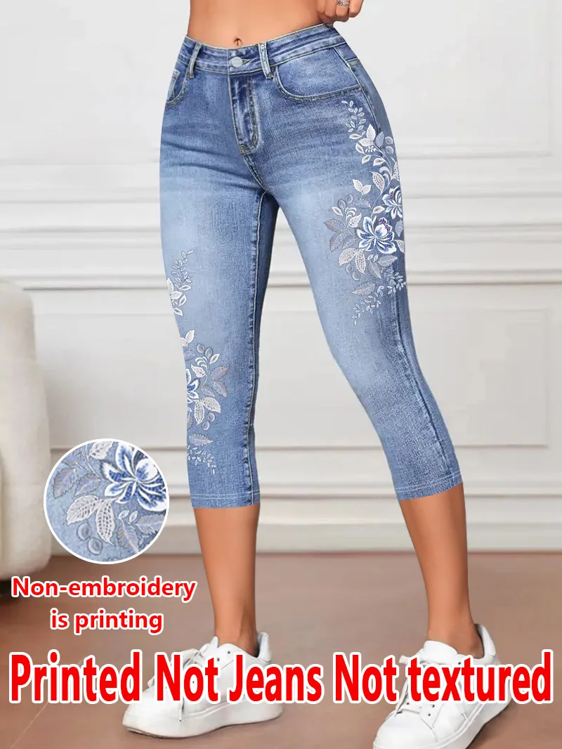 1343 Ladies' Three-Quarter Leggings with Floral Print, Form-Fitting Pants 3