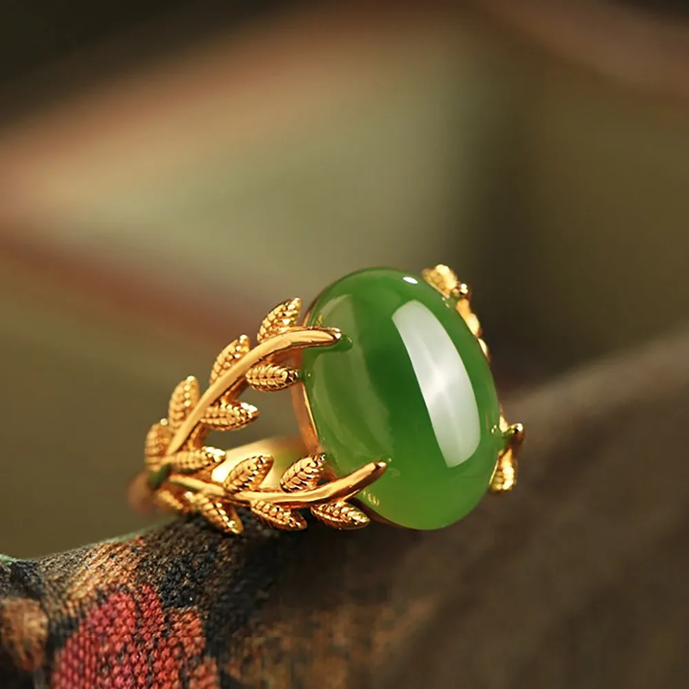 Imitation Natural Hetian Jade Rings Fashion Accessories Jewelry Gifts for Women Talismans 18K Gold Plated Jewelry