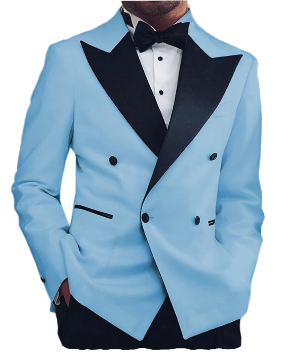 Casual Mens  Suits Peak Lapel Flat Blazer Double Breasted Groom Tuxedos Trousers For Wedding (Jacket+Pants)