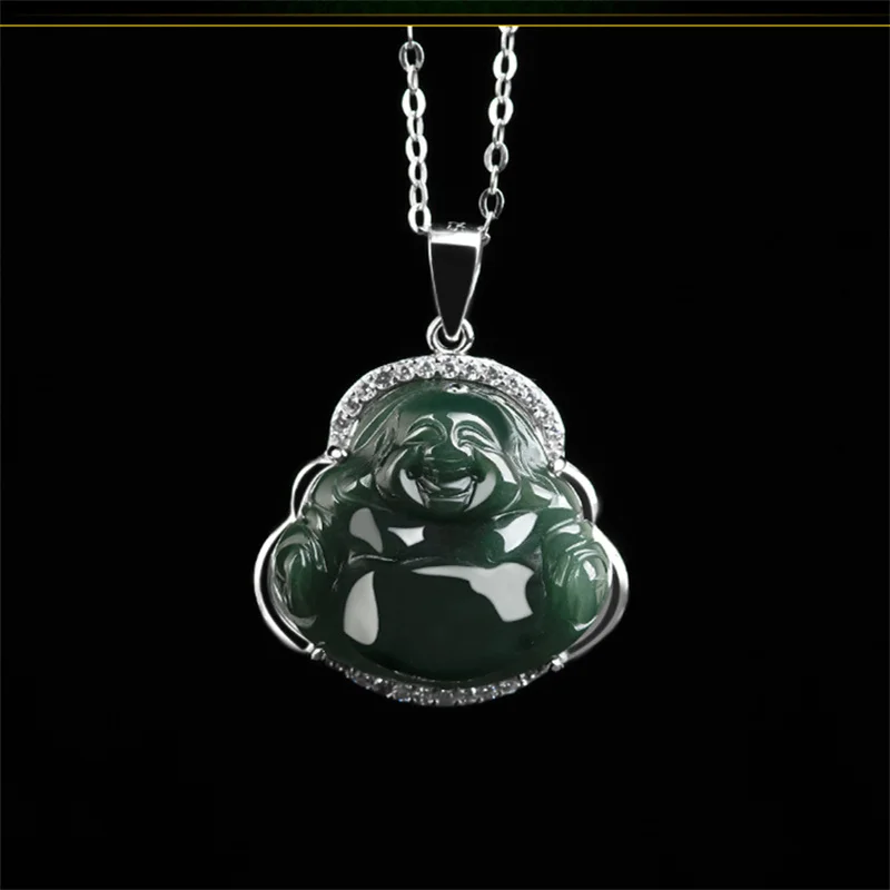 

MaiChuang/Hand Carved/Silver Inlay Ice Species Jade Maitreya /Necklace Pendant Fashion Elegant Jewelry Men and Women Couple Gift