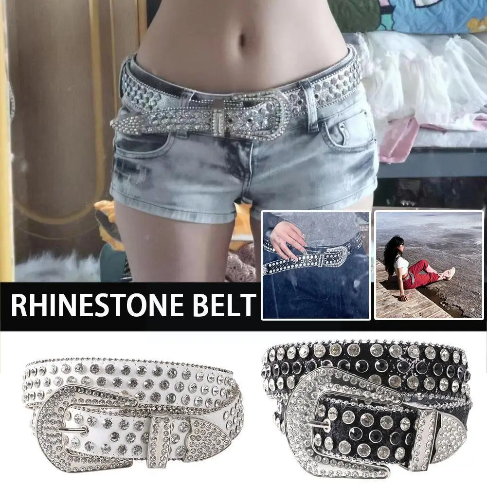 

Women's Jeans Rhinestone Large Size Belt Men's Belt Y2K HipHop Design Leather Rivet Fashion Belt Rock Denim Shiny Style Pun C9V6