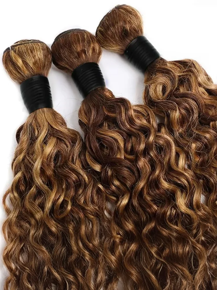 Water Wave Human Hair Bundles Highlight Ombre Honey Blonde Curly 3 4 Bundles 10A 12A 14A Virgin Double Weft Water Curly Bundles 4