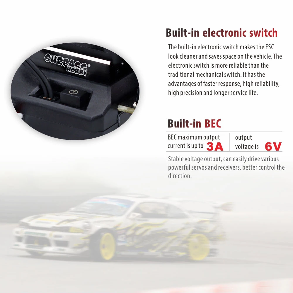 Contrôleur de vitesse ESC 60A sans balais Surpass Hobby pour voiture RC 1/10 1/12 installé dans un châssis de voiture RC, câbles branchés.
