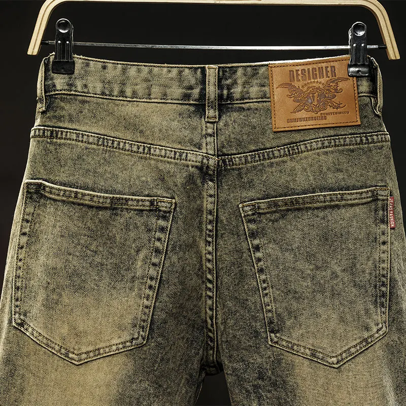 Yellow Mud Color Retro Nostalgic Men's Jeans Street Fashion Trends All-Matching and Handsome Slim Fit Skinny Distressed Trousers