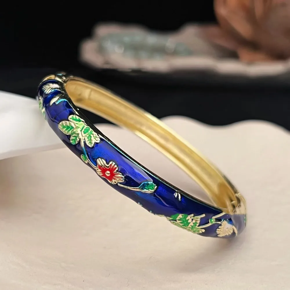 Vintage Cloisonné Enamel Peony Filigree Double Bangle Bracelet
