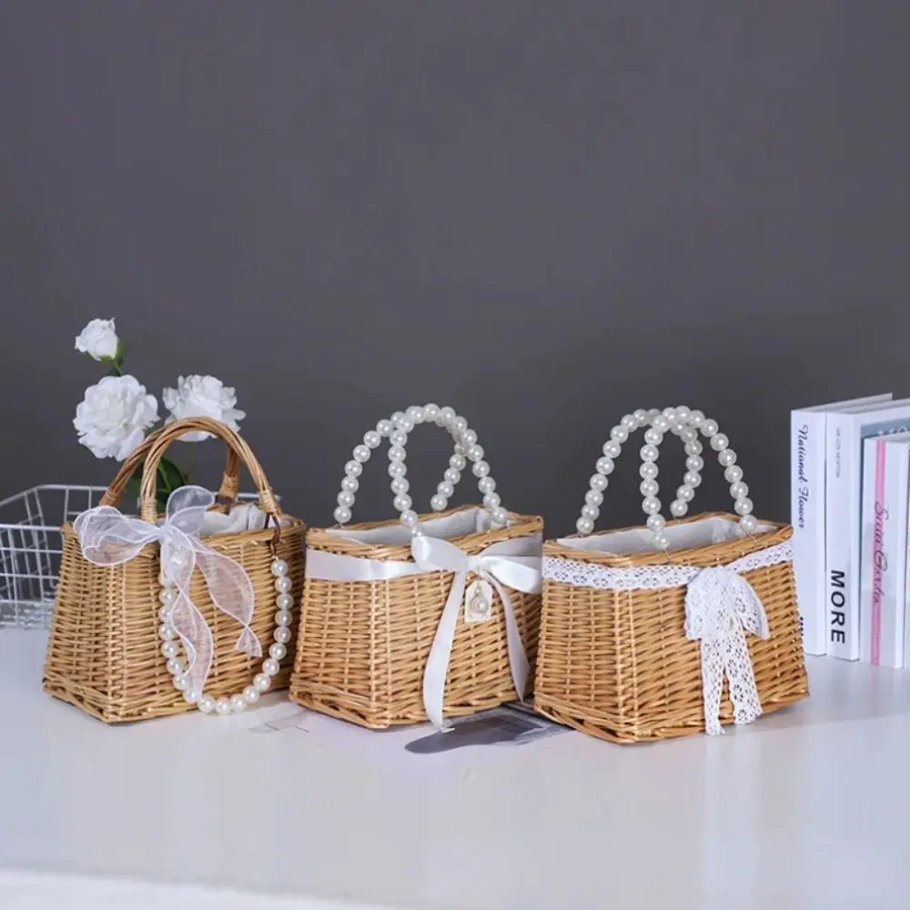 Straw Tote Hand Bags Summer Pearl Handle Handmade Knitted Handbag Storage Rattan Weaving Basket Shoulder Bag Women Girls