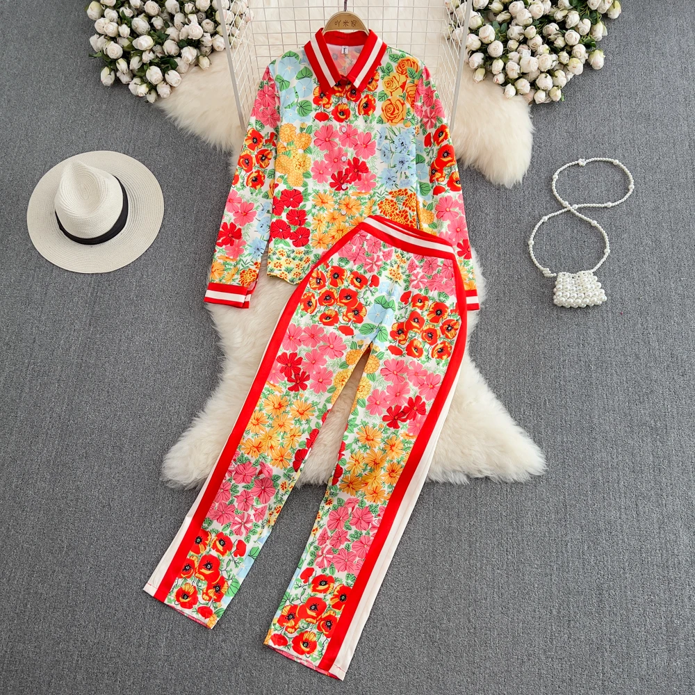 

Fashion Suit Women Printed Long Sleeve Loose Shirt Two Piece Casual High Waist Small Foot Trousers Spring