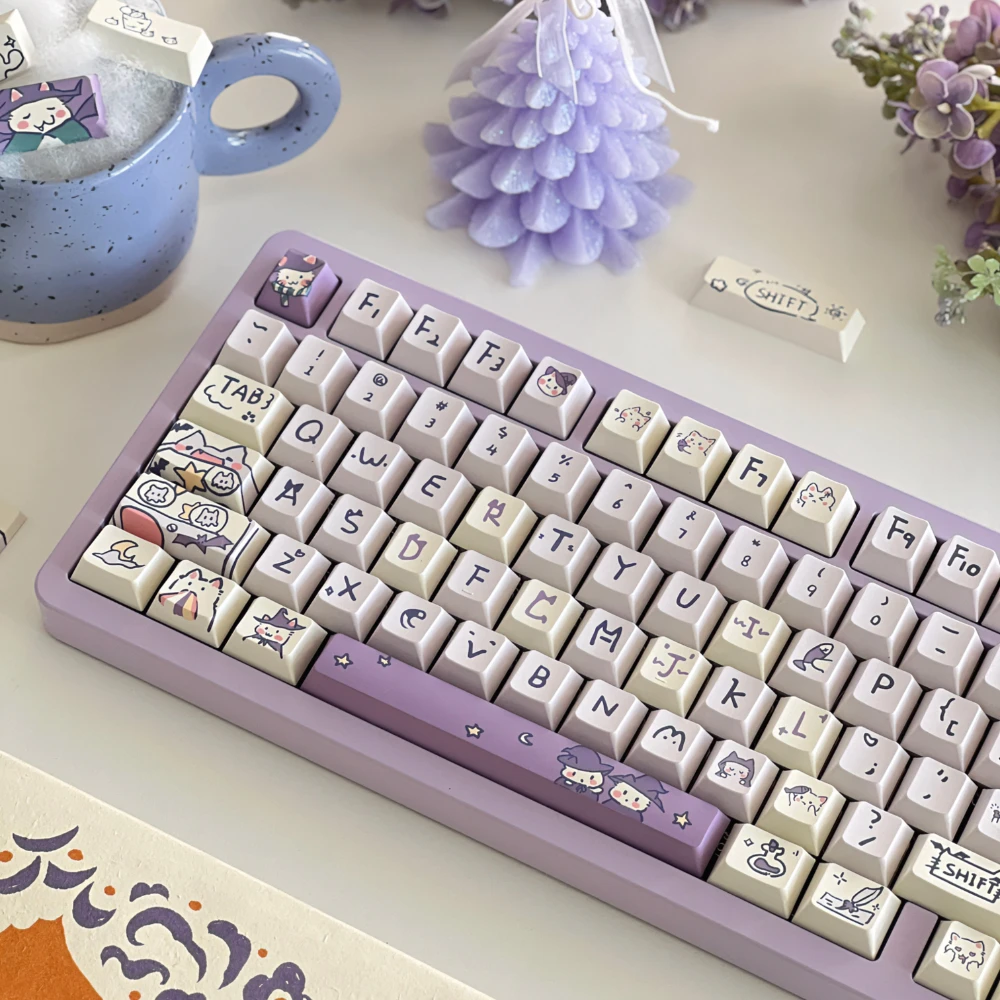 Teclado Mecânico Keycap Gato Roxo dos Desenhos Animados Roxo Mágico Bonito Meow Keycap Moa Cereja Mda Faça Você Mesmo 131 Chaves 150 Chaves - Imagem 2