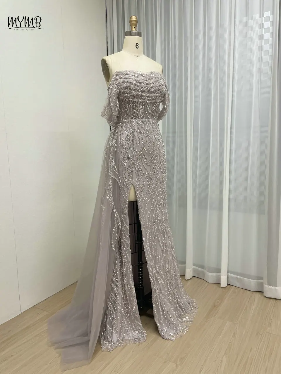 Mymb Champagner Dubai schulter frei Pailletten elegante Hochzeits gast kleider sexy hoch geschlitzte Meerjungfrau Abendkleider für Frauen Party – Detail 9