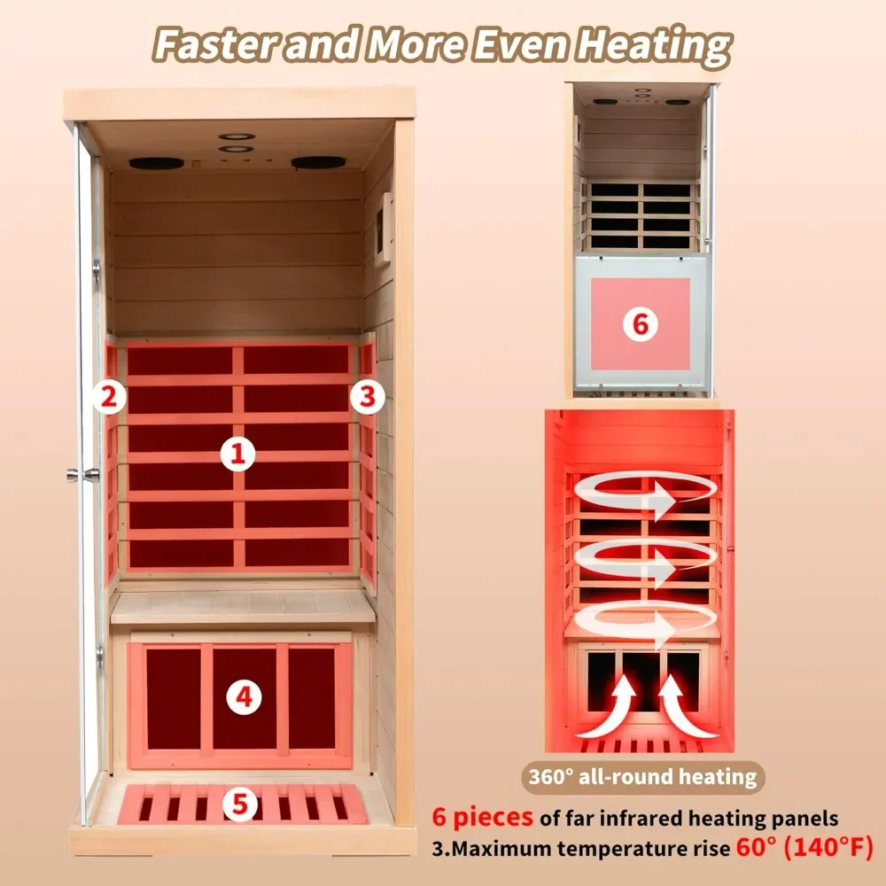 Far Infrared Sauna Room, 1 Person Sauna, 060W Indoor Sauna, 1 Bluetooth Speakers, 1 LED Reading Lamp Hemlock Wood Sauna Room 2