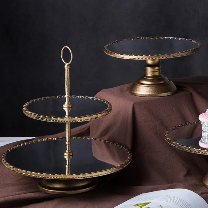 

Двухслойная металлическая стеклянная зеркальная подставка для торта, Европейская классическая золотая подставка для десертов, свадебное украшение, демонстрация кондитерских изделий, украшение