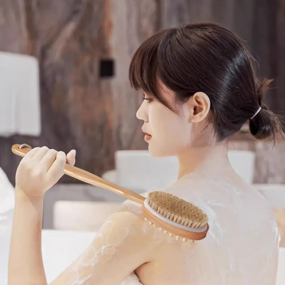 Durable Long Wooden Handle Body Bath Scrubber Double Sided Shower Scrub Brush Rubbing  Scrub Shower Brush Body Massager