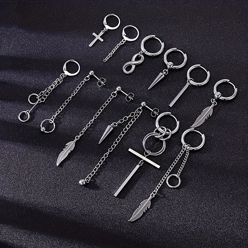 12 teile/satz Schwarz Oder Silbrig Unisex Kreuz Anhänger Ohrringe Stahl Ohrringe Set Schwarz Ohrringe Set Anhänger Kette Ohrring Hoop