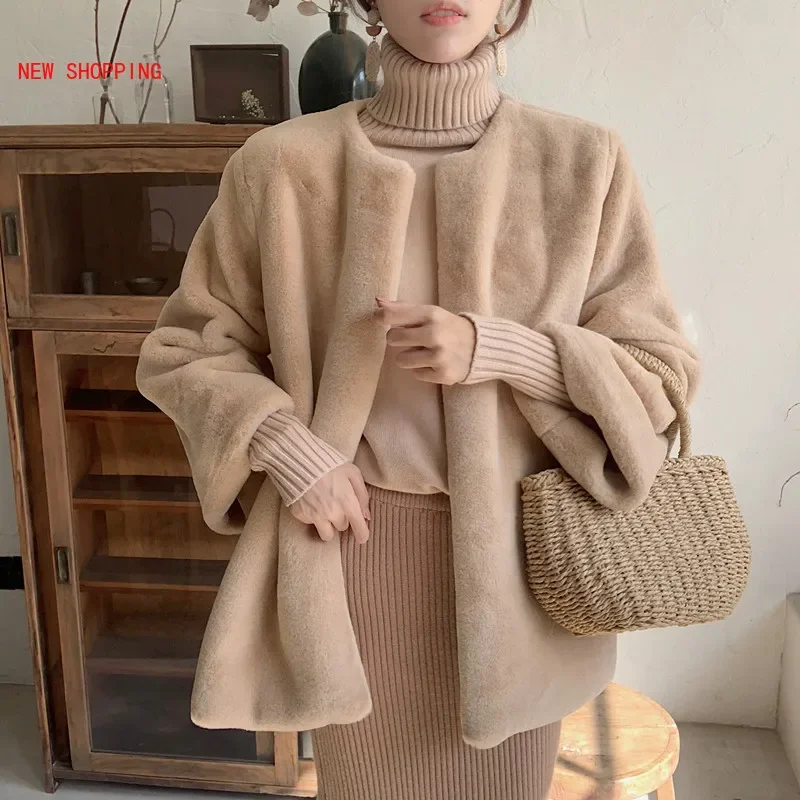New Elegant Khaki Winter Warm Rabbit Fur Coats Women Faux Fur Coat Streetwear Autumn Faux Mink Fur Jacket Female Party Overcoat
