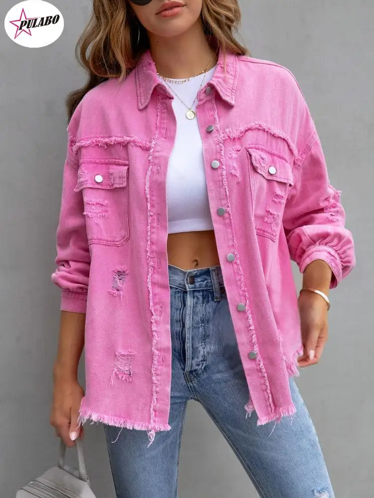 

PULABO Denim Jacket with Rough Edges and Holes for Women Spring and Autumn Temperament Casual Lapel Jacket Denim Jacket Women