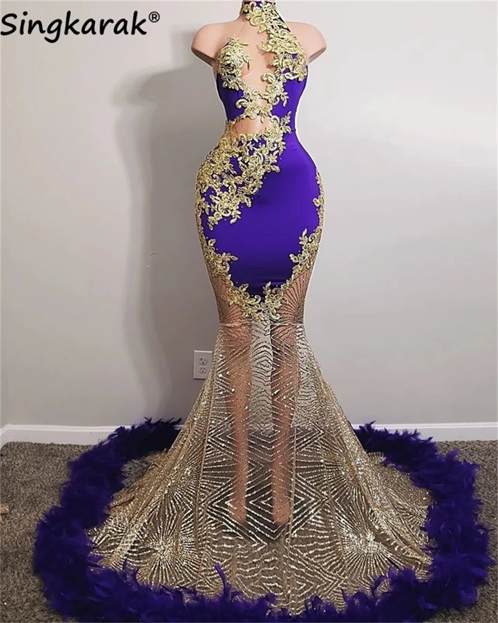 Luxury Sexy Mermaid Prom Dresses 2022 Halter Feathers Golden Beads African Birthday Party Dress Formal Gowns Robe De Bal Aso Ebi royal blue prom dresses