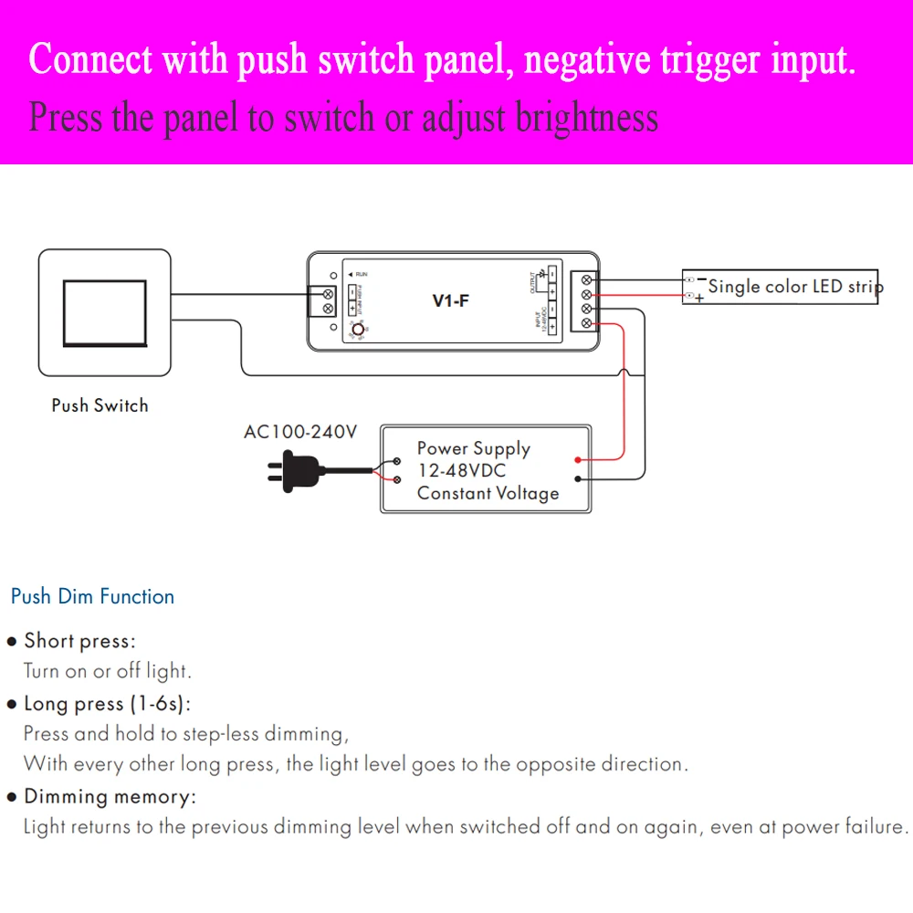 Fade-in Fade-out Push RF LED Dimmer V1-F 5 Fading Speed Push Dimming DC 12V 24V 36V 48V Match With 2.4G Remote Controller led dimmer switch led dimmer controller smart dimmer switch