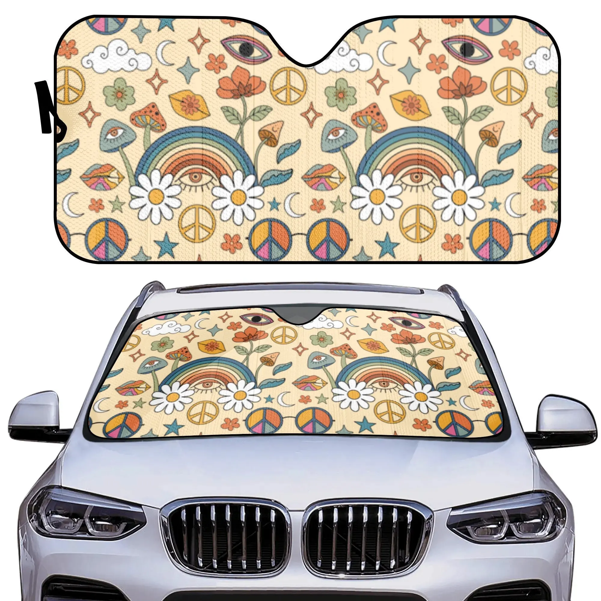 

INSTANTARTS Car Sun Shade Hippie Retro Windshield SunShade Cute Rainbow Peace Sun Shade For Car Sun Shade Panel Car Sun Visor