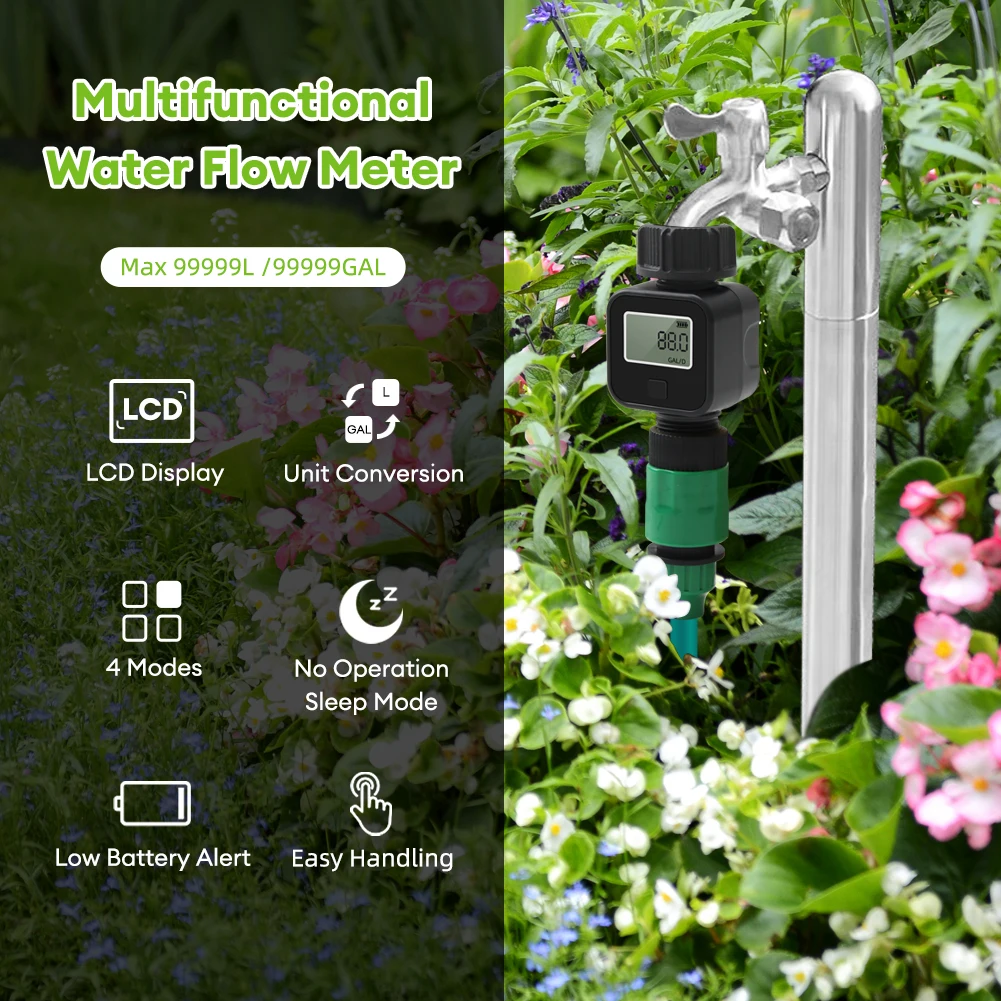 SGS05Garden Water FlowMeter Digital Display Water Consumption Tester FlowVelocity Detector Garden Plant Watering Accessory